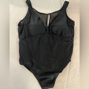 2XL Time and Tru rich black with sheer one piece v neck swim suit
